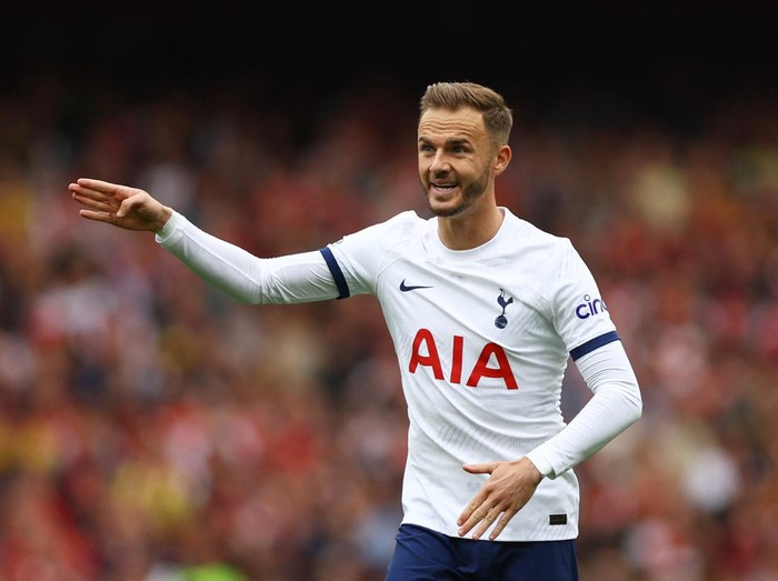 Soccer Football - Premier League - Arsenal v Tottenham Hotspur - Emirates Stadium, London, Britain - September 24, 2023 Tottenham Hotspur's James Maddison reacts Action Images via Reuters/Matthew Childs NO USE WITH UNAUTHORIZED AUDIO, VIDEO, DATA, FIXTURE LISTS, CLUB/LEAGUE LOGOS OR 'LIVE' SERVICES. ONLINE IN-MATCH USE LIMITED TO 45 IMAGES, NO VIDEO EMULATION. NO USE IN BETTING, GAMES OR SINGLE CLUB/LEAGUE/PLAYER PUBLICATIONS.