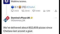 Chelsea kalah 0-1 saat menjamu Aston Villa. Hasil itu membuat Chelsea belum pernah bisa bikin gol sepanjang September. Akun Dominos Pizza Britania pun meledek si Biru, yang sebelum ini juga sudah kena bully bertubi-tubi. Foto: Dok. X/Twitter