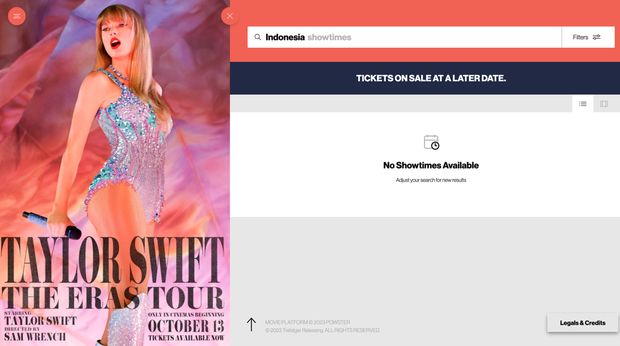 Belum ada jadwal penayangan The Eras Tour Film Taylor Swift di Indonesia per Selasa (26/9).