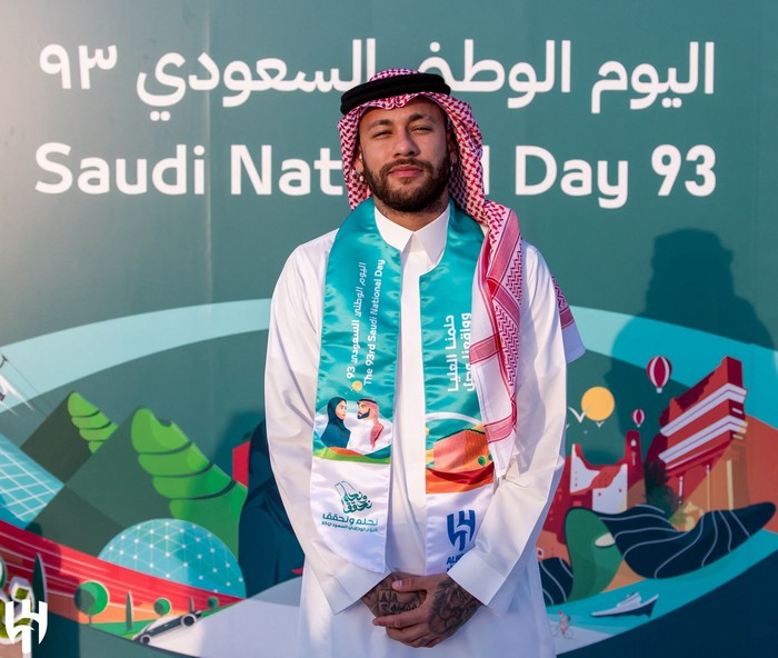 Soccer Football - Saudi Pro League - Al Hilal celebrate Saudi 93rd national day - Al Hilal Club, Riyadh, Saudi Arabia - September 23, 2023 Al Hilal's Neymar dressed in Saudi national clothing celebrates Saudi 93rd national day with teammates (Al Hilal Football Club Media Office/Handout via REUTERS)  ATTENTION EDITORS - THIS IMAGE HAS BEEN SUPPLIED BY A THIRD PARTY. NO RESALES. NO ARCHIVES