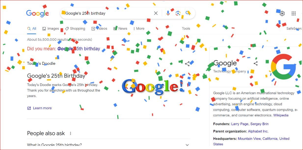 Tangkapan layar di laman khusus ulang tahun ke-25 Google.