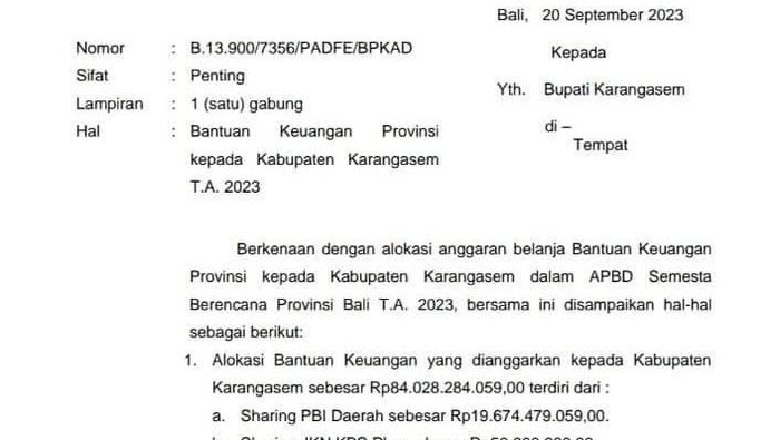 Pemprov Bantu Karangasem Surat Bantuan Alokasi Dana Pemprov Bali terhadap Kabupaten Karangasem.