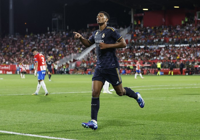 Soccer Football - LaLiga - Girona v Real Madrid - Estadi Montilivi, Girona, Spain - September 30, 2023 Real Madrids Jude Bellingham celebrates scoring their third goal REUTERS/Albert Gea