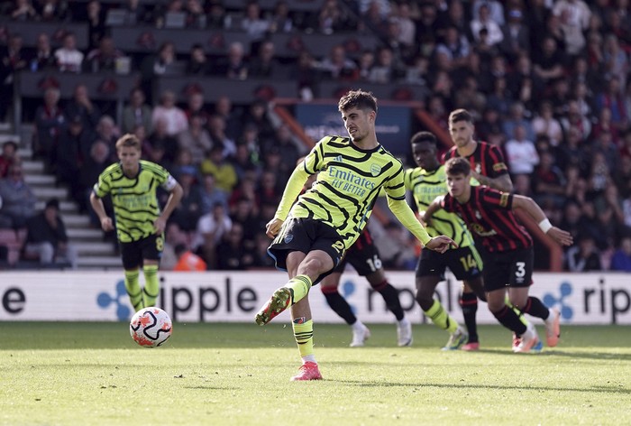 Kai Havertz Arsenal's Kai Havertz scores his side's third goal of the game during their English Premier League soccer match against Bournemouth at the Vitality Stadium, Bournemouth, England, Saturday, Sept. 30, 2023. (Robbie Stephenson/PA via AP)