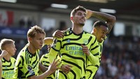 Kai Havertz tampak lega akhirnya bisa mencetak gol untuk Arsenal setelah sempat menjadi 007 lantaran belum bisa bikin gol atau assist. Foto: Action Images via Reuters/JOHN SIBLEY