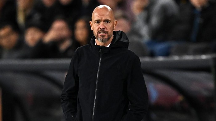 Manchester Uniteds Dutch manager Erik ten Hag looks on during the English Premier League football match between Burnley and Manchester United at Turf Moor in Burnley, north-west England on September 23, 2023. (Photo by Paul ELLIS / AFP) / RESTRICTED TO EDITORIAL USE. No use with unauthorized audio, video, data, fixture lists, club/league logos or live services. Online in-match use limited to 120 images. An additional 40 images may be used in extra time. No video emulation. Social media in-match use limited to 120 images. An additional 40 images may be used in extra time. No use in betting publications, games or single club/league/player publications. /