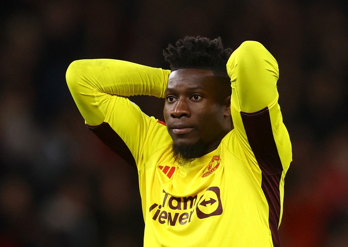 Soccer Football - Champions League - Group A - Manchester United v Galatasaray - Old Trafford, Manchester, Britain - October 3, 2023 Manchester Uniteds Andre Onana reacts REUTERS/Carl Recine