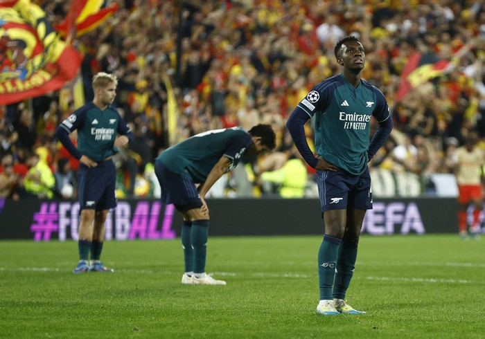 Soccer Football - Champions League - Group B - RC Lens v Arsenal - Stade Bollaert-Delelis, Lens, France - October 3, 2023  Arsenals Eddie Nketiah looks dejected after the match REUTERS/Christian Hartmann