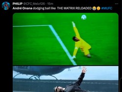 Dan yang kedua terjadi saat MU kebobolan untuk ketiga kalinya. Onana gagal mengantisipasi bola chip, malah bergaya mirip aksi di film The Matrix. (Foto: Twitter @CFC_Melot26)