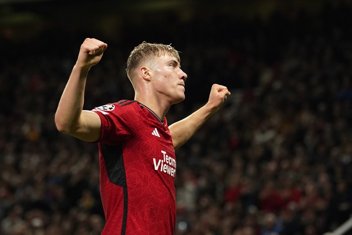 Rasmus Hojlund Manchester United's Rasmus Hojlund celebrates after scoring his side's opening goal during the Champions League group A soccer match between Manchester United and Galatasaray at the Old Trafford stadium in Manchester, England, Tuesday, Oct. 3, 2023. (AP Photo/Dave Thompson)