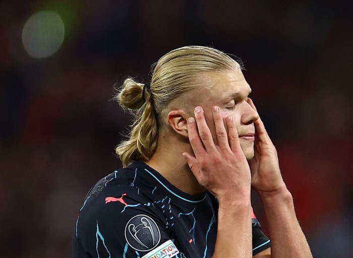 Soccer Football - Champions League - Group G - RB Leipzig v Manchester City - Red Bull Arena, Leipzig, Germany - October 4, 2023  Manchester Citys Erling Braut Haaland reacts REUTERS/Lisi Niesner