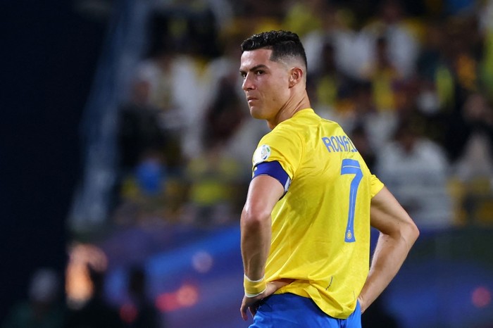 Nassrs Portuguese forward #07 Cristiano Ronaldo reacts during the Saudi Pro League football match between Al-Nassr and Abha at the King Saud University Stadium in Riyadh on October 6, 2023. (Photo by Fayez NURELDINE / AFP)