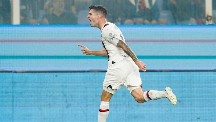 Christian Pulisic of AC Milan celebrates after scoring first goal during the Serie A Tim match between Genoa CFC and AC Milan at Luigi Ferrari Stadium on October 7, 2023 in Genoa, Italy. (Photo by Giuseppe Maffia/NurPhoto)NO USE FRANCE