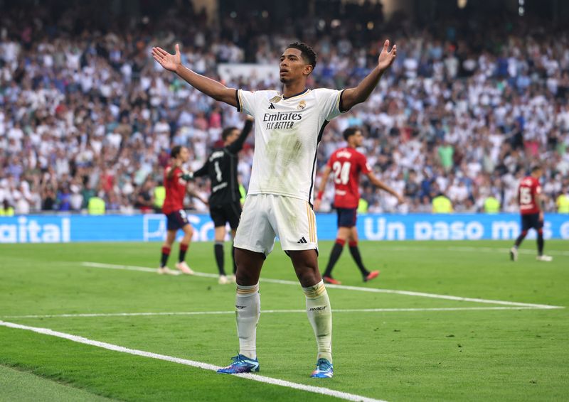 Soccer Football - LaLiga - Real Madrid v Osasuna - Santiago Bernabeu, Madrid, Spain - October 7, 2023 Real Madrid's Jude Bellingham celebrates scoring their second goal REUTERS/Isabel Infantes