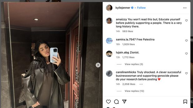 Kylie Jenner menuai hujatan setelah dirinya mengunggah Instagram Story berisi dukungan kepada Israel terkait dengan konflik antara negara itu dan Palestina yang makin memanas.