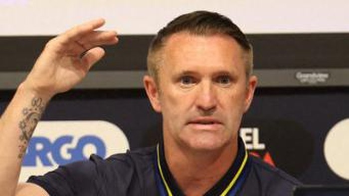 Irish professional football coach and former player Robbie Keane gives a press conference at Maccabi Tel Aviv football clubs home field, on June 27, 2023 in Tel Aviv, after signing a two-year head coach contract with the Israeli team. (Photo by JACK GUEZ / AFP)