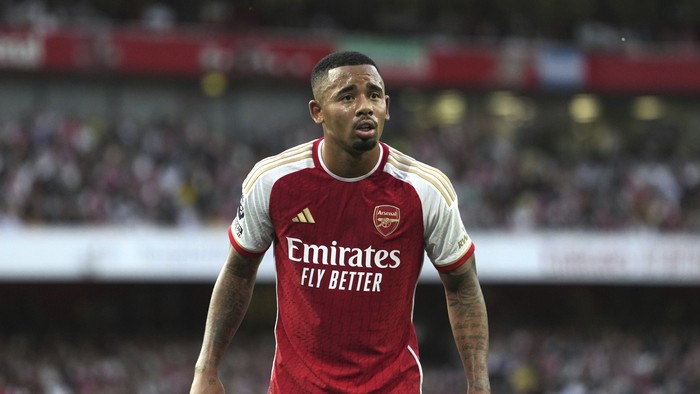 Arsenal's Gabriel Jesus during the English Premier League soccer match between Arsenal and Manchester City at the Emirates Stadium in London, Sunday, Oct. 8, 2023.(AP Photo/Kirsty Wigglesworth)