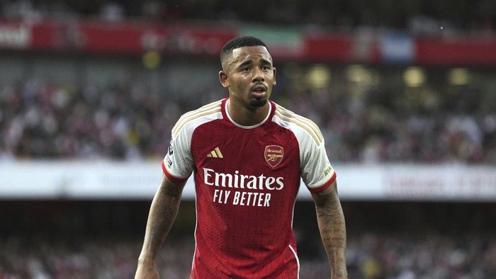 Arsenals Gabriel Jesus during the English Premier League soccer match between Arsenal and Manchester City at the Emirates Stadium in London, Sunday, Oct. 8, 2023.(AP Photo/Kirsty Wigglesworth)