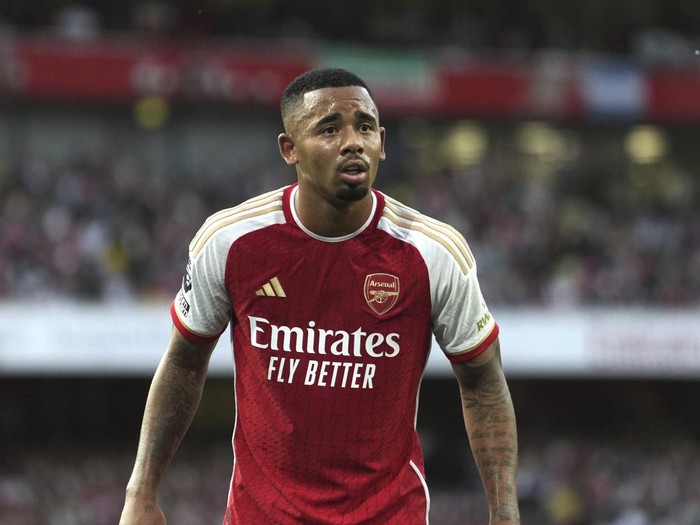 Arsenal's Gabriel Jesus during the English Premier League soccer match between Arsenal and Manchester City at the Emirates Stadium in London, Sunday, Oct. 8, 2023.(AP Photo/Kirsty Wigglesworth)