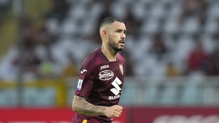 Torinos Antonio Sanabria during a Serie A soccer match between Torino and Cagliari, at the Grande Torino stadium in Turin, Italy, Monday, Aug. 21, 2023. (AP Photo/Luca Bruno)