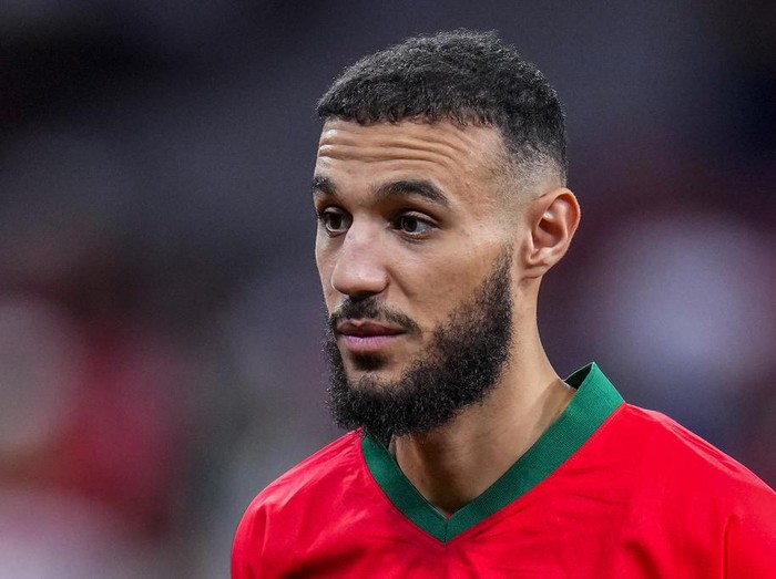 Morocco's Noussair Mazraoui during the International friendly soccer match between Morocco and Peru at the Civitas Metropolitano stadium in Madrid, Spain, Tuesday, March 28, 2023. (AP Photo/Manu Fernandez)