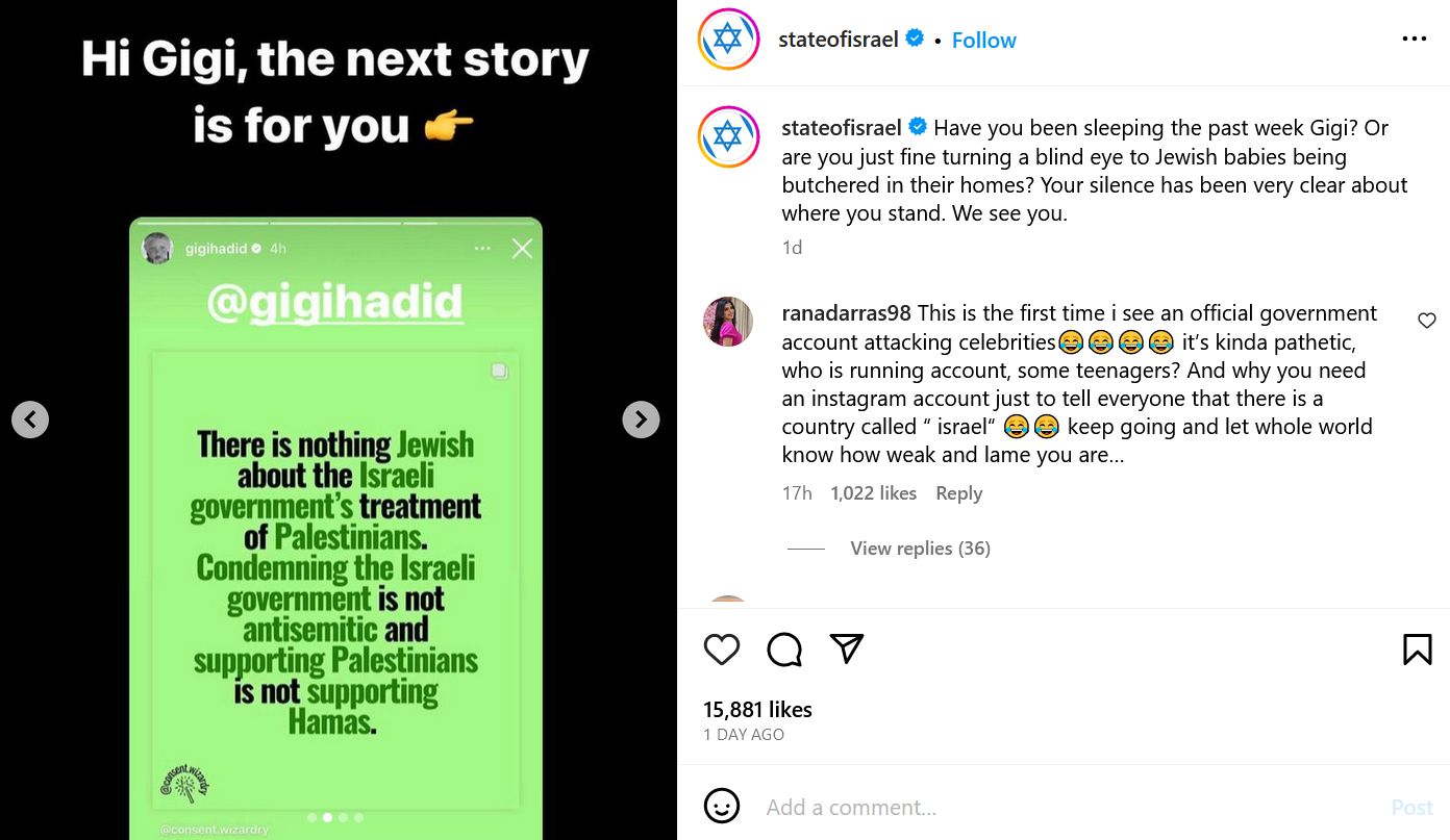 Akun pemerintah Israel kecam sikap Gigi Hadid yang suarakan dukungan untuk Palestina