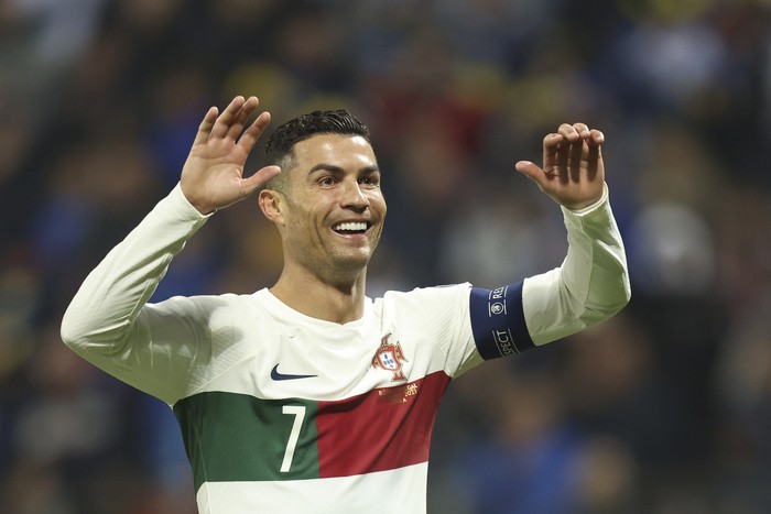 Bosnia Portugal Euro 2024 Soccer Portugal's Cristiano Ronaldo reacts during the Euro 2024 group J qualifying soccer match between Bosnia-Herzegovina and Portugal, at the Bilino Polje Stadium in Zenica, Bosnia and Herzegovina, Monday, Oct. 16, 2023. (AP Photo/Armin Durgut)