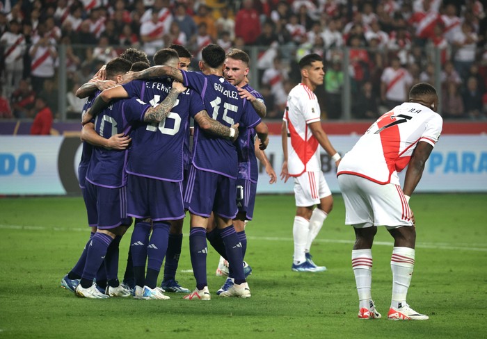 Soccer Football - World Cup - South American Qualifiers - Peru v Argentina - Estadio Nacional, Lima, Peru - October 17, 2023 Argentina's Lionel Messi celebrates with teammates after scoring a goal that was later disallowed REUTERS/Sebastian Castaneda