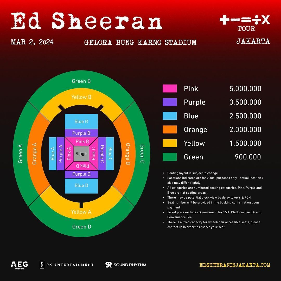 Harga tiket konser Ed Sheeren di Jakarta 2024, lengkap dengan seating plan.