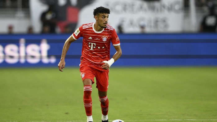 FILE - Bayern Munich forward Noussair Mazraoui in action during the first half of a friendly soccer match against D.C. United, Wednesday, July 20, 2022, in Washington. Bayern Munich has decided not to sanction Noussair Mazraoui after the Morocco right back expressed support for Palestine on social media. (AP Photo/Nick Wass, File)