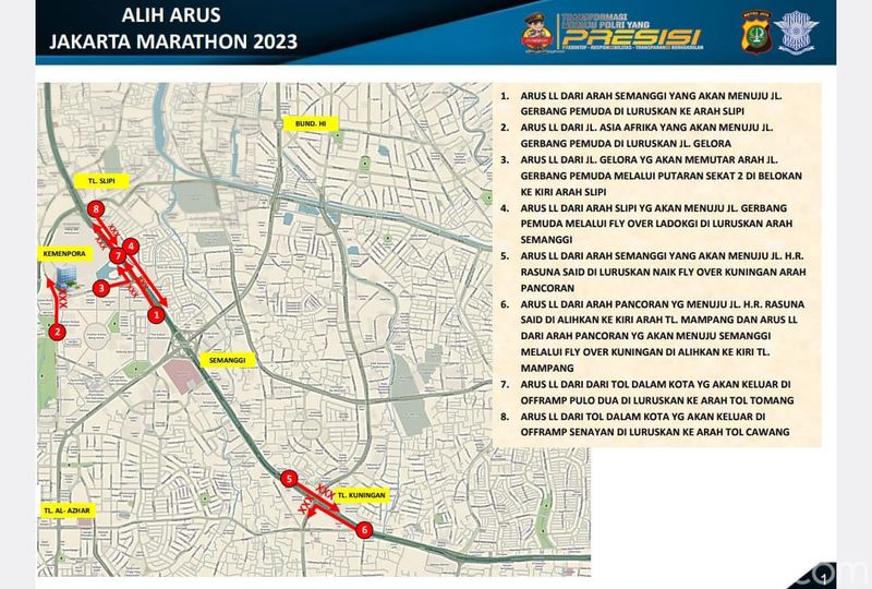 Rute pengalihan arrus lalu lintas saat Jakarta Marathon Minggu 22 Oktober 2023.