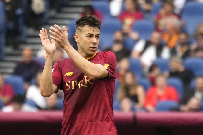 Romas Stephan El Shaarawy reacts after missing a scoring chance during a Serie A soccer match between Roma and Salernitana, at Romes Olympic stadium, Italy, Monday, May 22, 2023. (AP Photo/Alessandra Tarantino)
