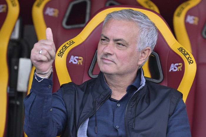 AS Romas coach Jose Mourinho gestures, ahead of the Italian Serie A soccer match between AS Roma and AC Monza, at Stadio Olimpico, in Rome, Sunday, Oct. 22, 2023. (Alfredo Falcone/LaPresse via AP)