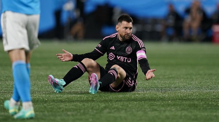 Inter Miami forward Lionel Messi reacts after getting fouled during the second half of an MLS soccer match against Charlotte FC, Saturday, Oct. 21, 2023, in Charlotte, N.C. (AP Photo/Erik Verduzco)