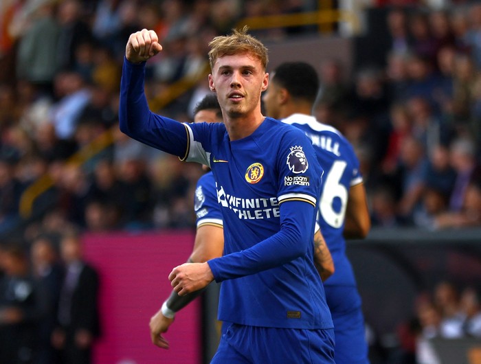 Soccer Football - Premier League - Burnley v Chelsea - Turf Moor, Burnley, Britain - October 7, 2023 Chelseas Cole Palmer celebrates scoring their second goal Action Images via Reuters/Lee Smith NO USE WITH UNAUTHORIZED AUDIO, VIDEO, DATA, FIXTURE LISTS, CLUB/LEAGUE LOGOS OR LIVE SERVICES. ONLINE IN-MATCH USE LIMITED TO 45 IMAGES, NO VIDEO EMULATION. NO USE IN BETTING, GAMES OR SINGLE CLUB/LEAGUE/PLAYER PUBLICATIONS.