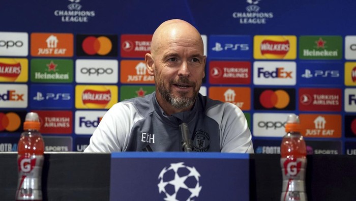 Manchester United manager Erik ten Hag speaks during a press conference at the Trafford Training Centre in Carrington, Greater Manchester, England Monday Oct. 23, 2023. (Nick Potts/PA via AP)