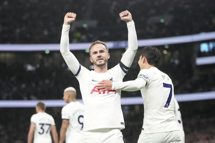 James Maddison Tottenham's James Maddison, centre, celebrates after scoring his side's second goal during the English Premier League soccer match between Tottenham Hotspur and Fulham at the Tottenham Hotspur Stadium in London, Monday, Oct. 23, 2023. (AP Photo/Kin Cheung)