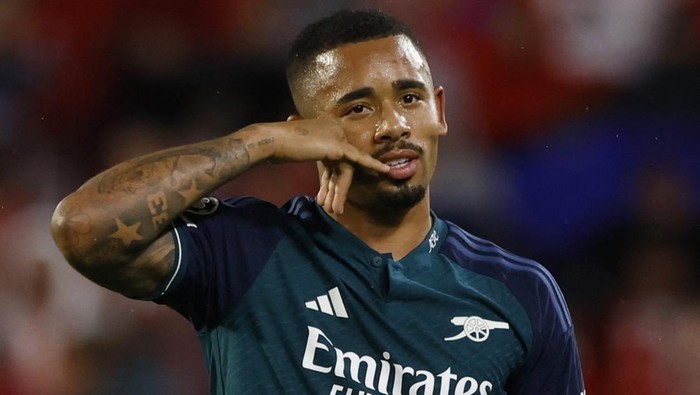 Soccer Football - Champions League - Group B - Sevilla v Arsenal - Ramon Sanchez Pizjuan, Seville, Spain - October 24, 2023 Arsenals Gabriel Jesus celebrates scoring their second goal REUTERS/Marcelo Del Pozo