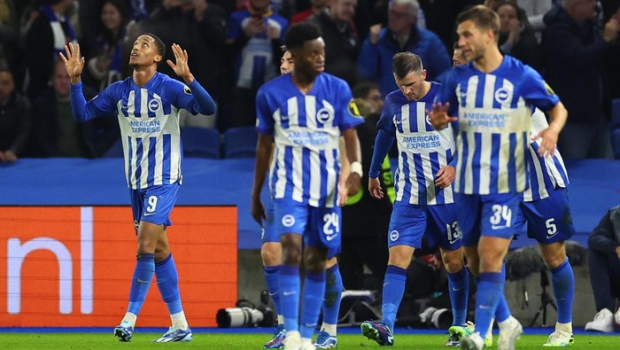 Soccer Football - Europa League - Group B - Brighton & Hove Albion v Ajax Amsterdam - The American Express Community Stadium, Brighton, Britain - October 26, 2023 Brighton & Hove Albions Joao Pedro celebrates scoring their first goal REUTERS/Toby Melville