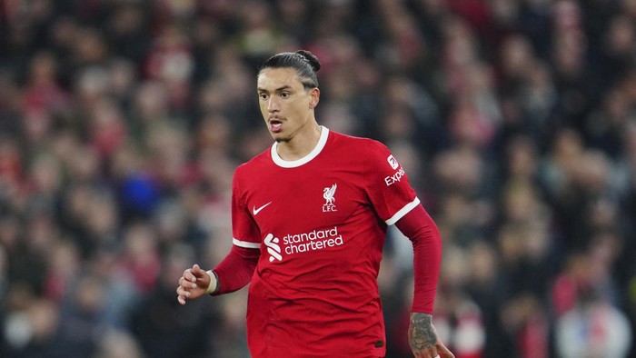 Liverpools Darwin Nunez in action during the Europa League Group E soccer match between Liverpool and Toulouse, at Anfield in Liverpool, England, Thursday, Oct. 26, 2023. (AP Photo/Jon Super)