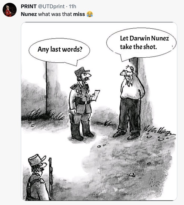 Meme Darwin Nunez Meme Darwin Nunez gagal mencetak peluang emas di depan gawang kosong.