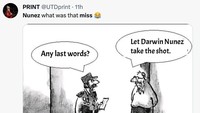 Meme ini menggambarkan permintaan terakhir terpidana mati agar Darwin Nunez yang menjadi eksekutornya, sebab sudah pasti meleset dari sasaran! (Foto: Twitter)