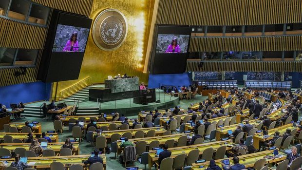 U.S. United Nations Ambassador Linda Thomas-Greenfield address the U.N. General Assembly, Friday, Oct. 27, 2023 at U.N. headquarters. (AP Photo/Bebeto Matthews)