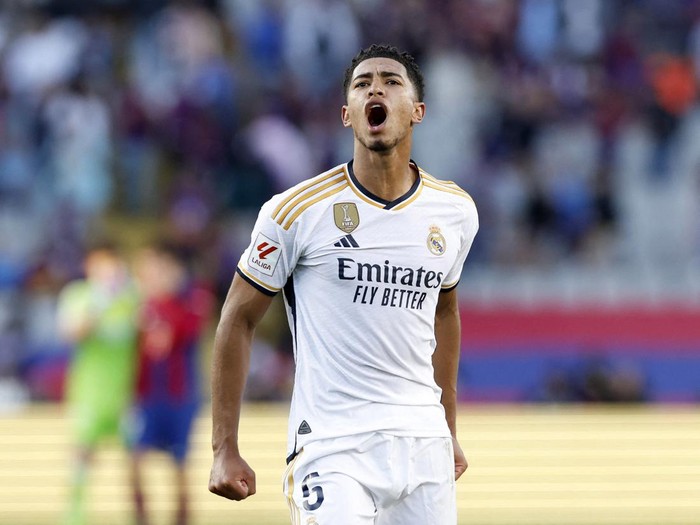 Soccer Football - LaLiga - FC Barcelona v Real Madrid - Estadi Olimpic Lluis Companys, Barcelona, Spain - October 28, 2023 Real Madrid's Jude Bellingham celebrates after the match REUTERS/Albert Gea