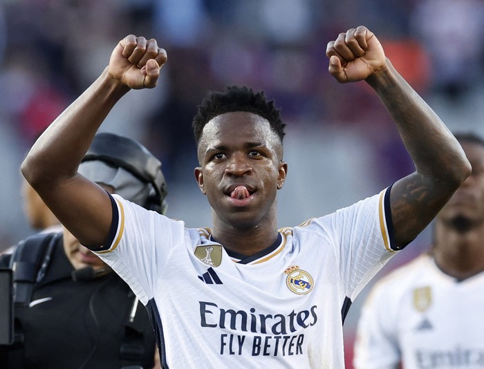 Soccer Football - LaLiga - FC Barcelona v Real Madrid - Estadi Olimpic Lluis Companys, Barcelona, Spain - October 28, 2023 Real Madrids Vinicius Junior celebrates after the match REUTERS/Albert Gea
