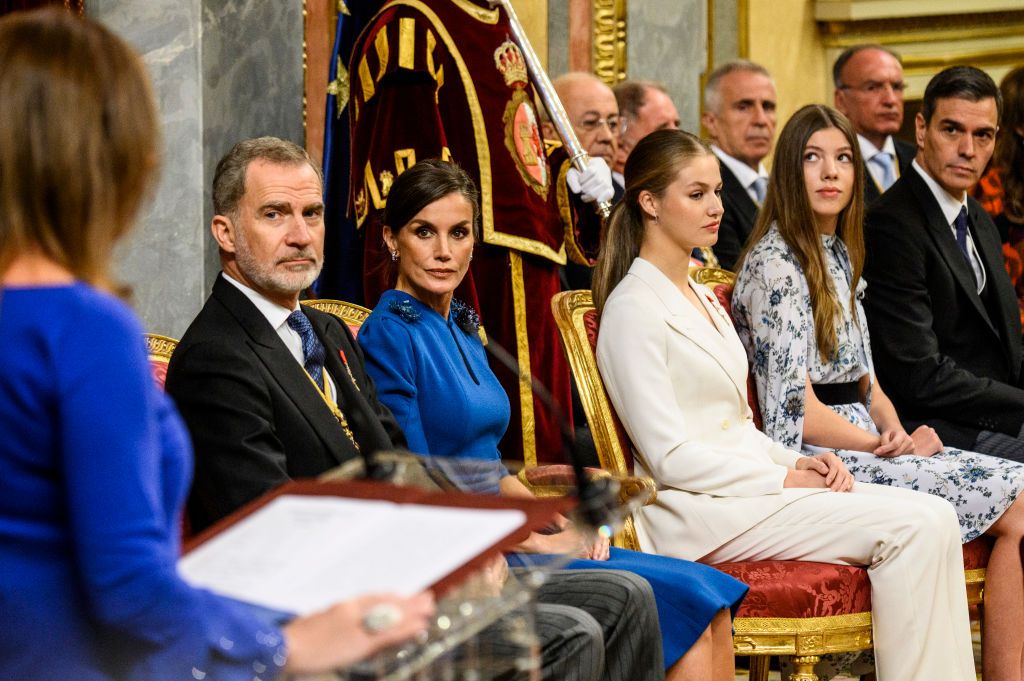 Spanish Crown Princess of Asturias Leonor attends a ceremony to swear loyalty to the constitution, on her 18th birthday, at the Congress of Deputies in Madrid on October 31, 2023. Princess Leonor, heir to the Spanish crown, will swear loyalty to the constitution on her 18th birthday, a milestone that will help turn the page on the scandal-tainted reign of her grandfather, Juan Carlos. After taking the oath, Princess Leonor can legally succeed her father, King Felipe VI, and automatically becomes head of state in the event of the monarch's absence. (Photo by JAVIER SORIANO / AFP) (Photo by JAVIER SORIANO/AFP via Getty Images)