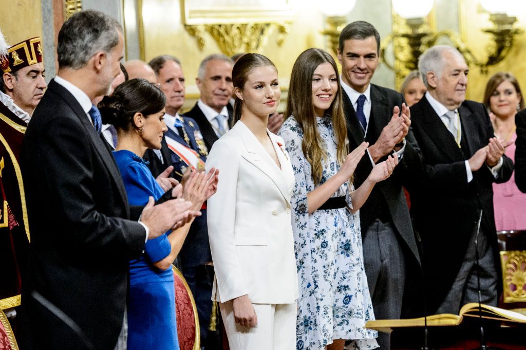 Spanish Crown Princess of Asturias Leonor attends a ceremony to swear loyalty to the constitution, on her 18th birthday, at the Congress of Deputies in Madrid on October 31, 2023. Princess Leonor, heir to the Spanish crown, will swear loyalty to the constitution on her 18th birthday, a milestone that will help turn the page on the scandal-tainted reign of her grandfather, Juan Carlos. After taking the oath, Princess Leonor can legally succeed her father, King Felipe VI, and automatically becomes head of state in the event of the monarch's absence. (Photo by JAVIER SORIANO / AFP) (Photo by JAVIER SORIANO/AFP via Getty Images)