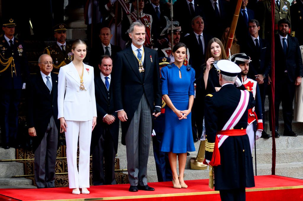 Spanish Crown Princess of Asturias Leonor attends a ceremony to swear loyalty to the constitution, on her 18th birthday, at the Congress of Deputies in Madrid on October 31, 2023. Princess Leonor, heir to the Spanish crown, will swear loyalty to the constitution on her 18th birthday, a milestone that will help turn the page on the scandal-tainted reign of her grandfather, Juan Carlos. After taking the oath, Princess Leonor can legally succeed her father, King Felipe VI, and automatically becomes head of state in the event of the monarch's absence. (Photo by JAVIER SORIANO / AFP) (Photo by JAVIER SORIANO/AFP via Getty Images)