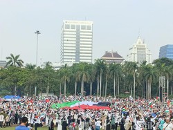 Massa Aksi Bentangkan Bendera Raksasa Palestina di Monas