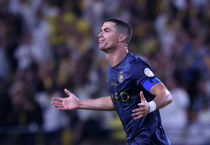 Soccer Football - Saudi Pro League - Al Nassr v Al Khaleej - Al-Awwal Park, Riyadh, Saudi Arabia - November 4, 2023 Al Nassr's Cristiano Ronaldo celebrates scoring their first goal REUTERS/Ahmed Yosri